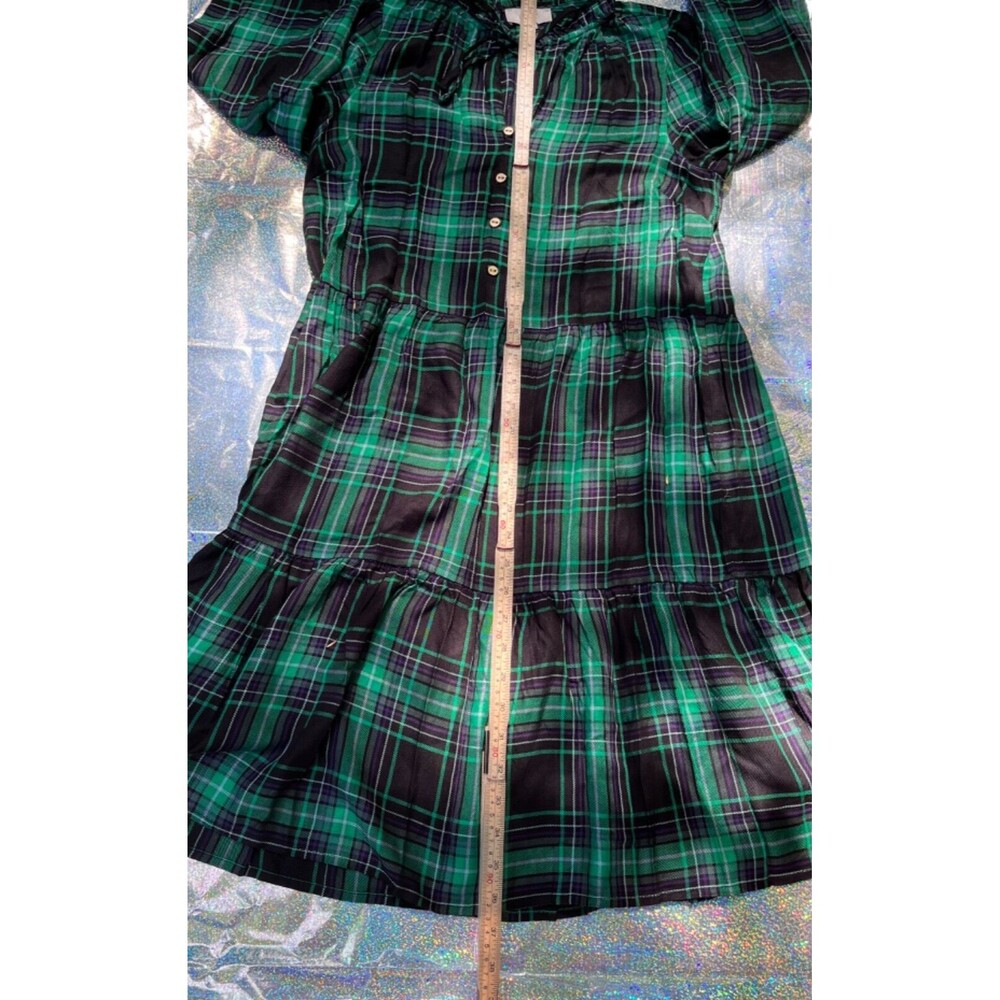 LOFT Tartan Plaid Puff Sleeve Tiered Dress Womens XS Green Blue Modern Grunge - Picture 12 of 12